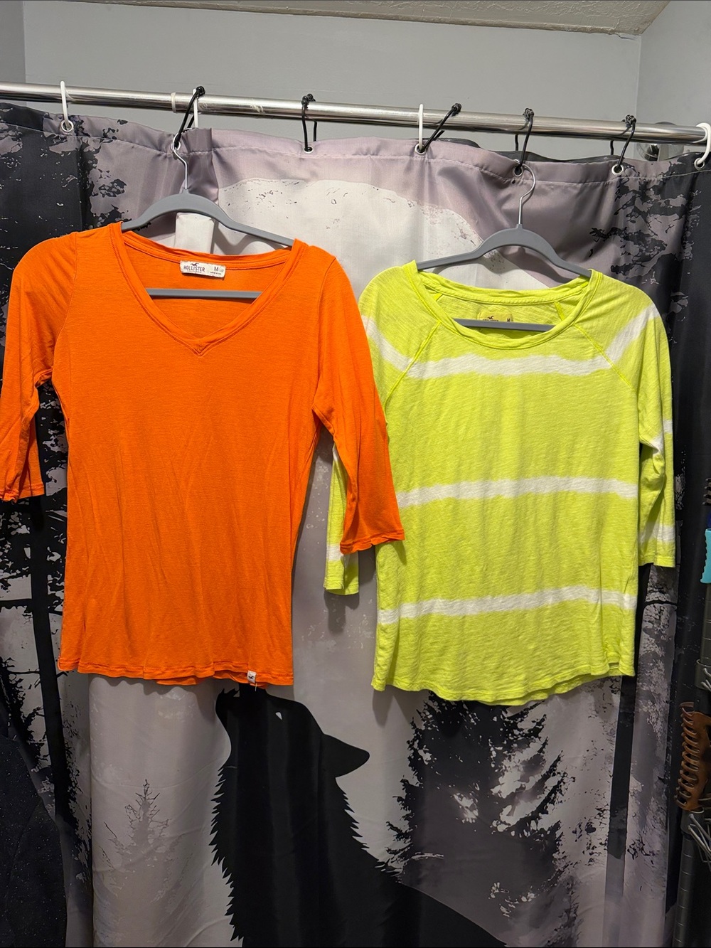 2 Hollister tops  Orange V-Neck Top & Neon Lime Stripe Boatneck Top